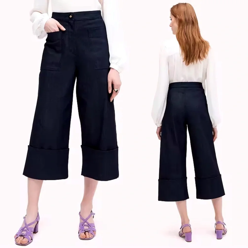 Kate Spade • Cuffed Denim Pant jeans wide leg cropped high waist Dark Peacock
